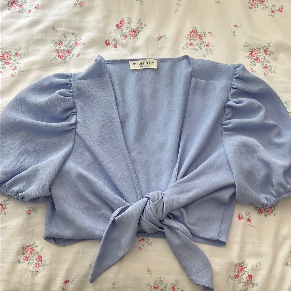 Light Blue Puff Sleeve Tie-Front Top